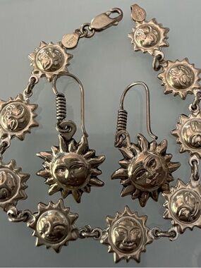 Vintage Sterling Silver 925 Sun Face Necklace and Earrings Set